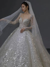 BXOXO Luxury Sequined Wedding Dresses Backless With Bow Lace Up A Line Pearl Long Sleeves Sweetheart Sweep Train Elegant Bridal Gowns